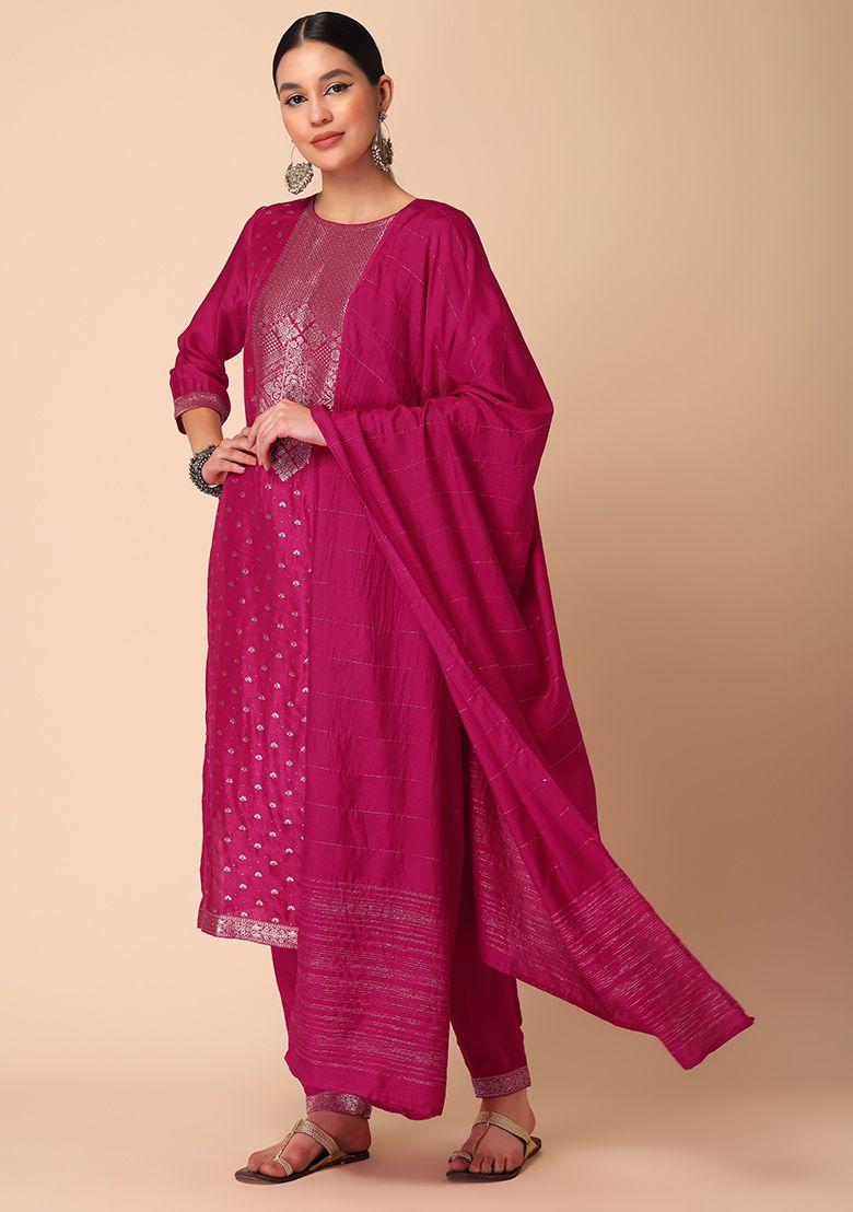 hot pink banarasi kurta with pants and dupatta (set of 3)