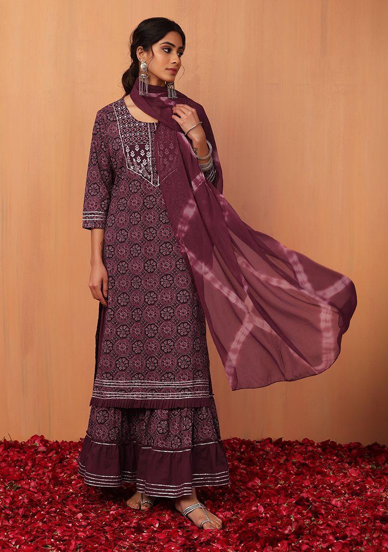 maroon ajrakh print cotton sharara with kurta and dupatta (set of 3)