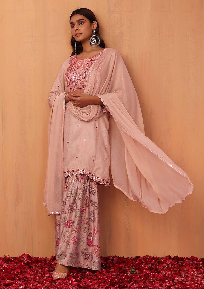 pink muslin short kurta with printed sharara and chiffon dupatta (set of 3)