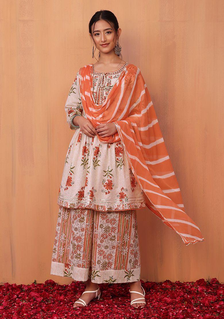 orange floral print cotton kurta with palazzo pants and chiffon dupatta (set of 3)