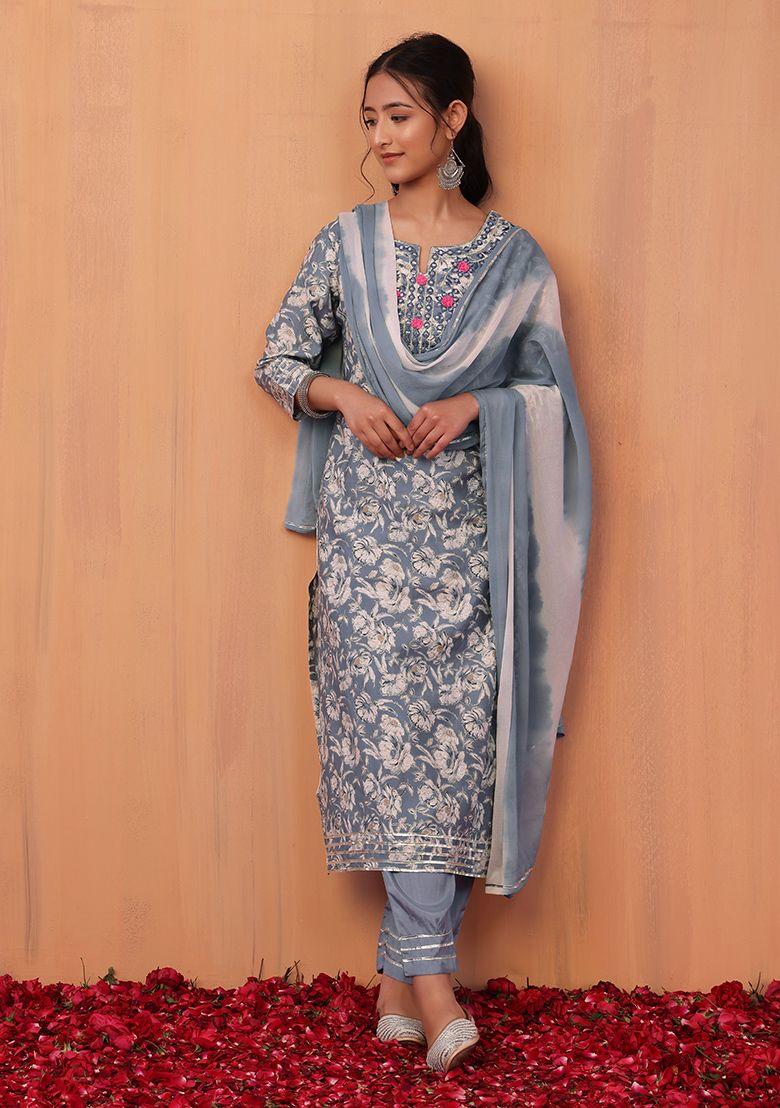 grey floral print muslin kurta with pants and chiffon dupatta (set of 3)