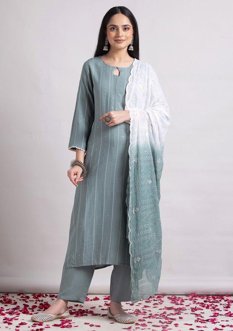 pastel green sequin rayon kurta with pants and dupatta (set of 3)