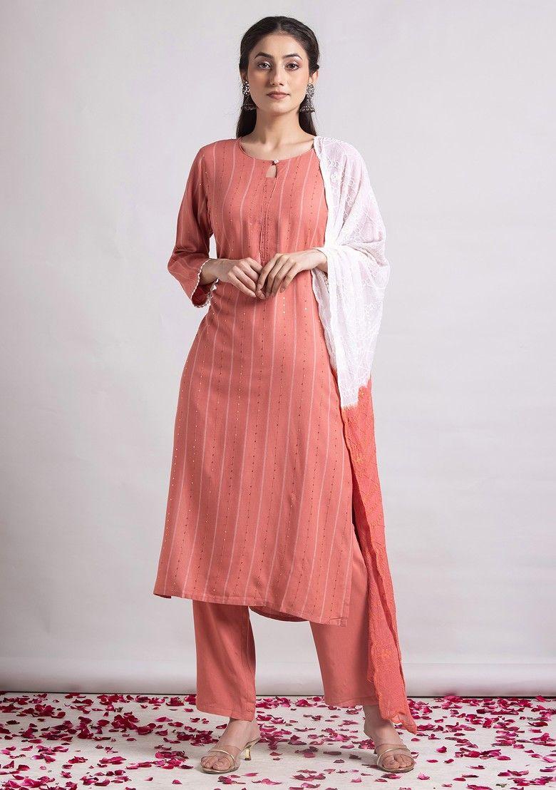 peach sequin rayon kurta with pants and dupatta (set of 3)