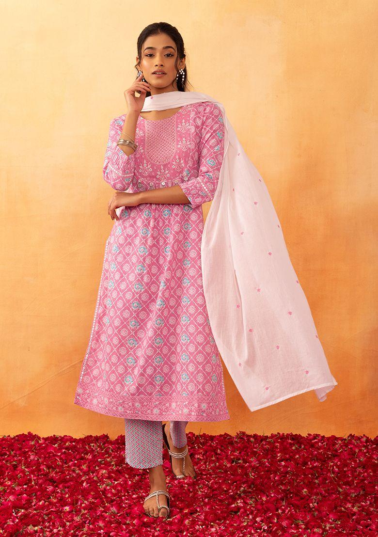 pink batik print cotton kurta with pants and dupatta (set of 3)