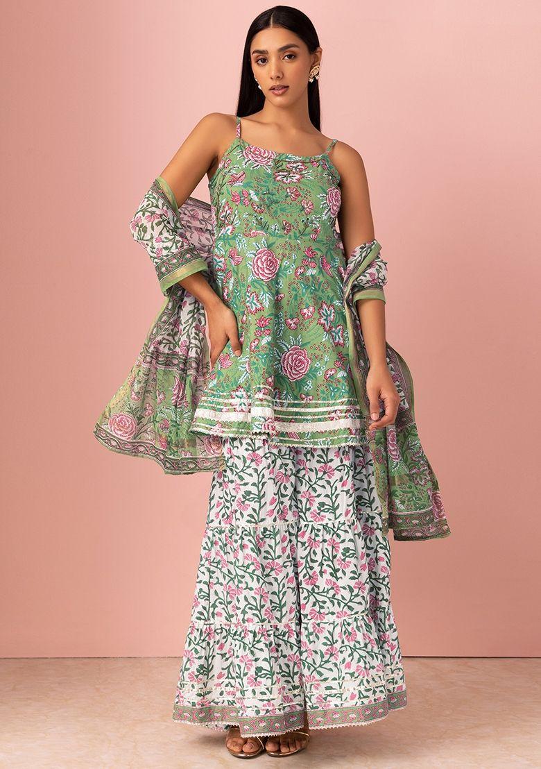 pastel green floral print cotton sharara with short kurta and dupatta (set of 3)