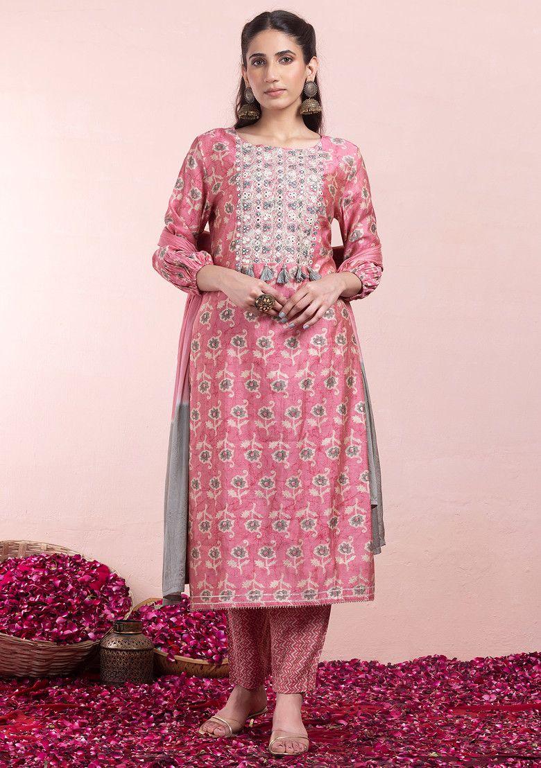 pink batik print embroidered muslin kurta with pants and dupatta (set of 3)