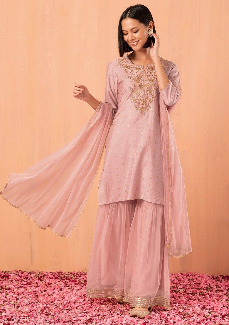 pastel pink sharara with zari embroidered short kurta and dupatta (set of 3)