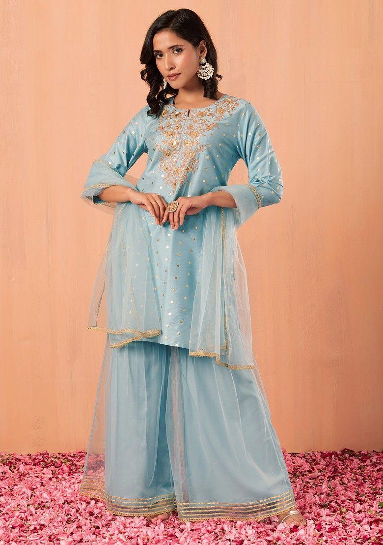 pastel blue sharara with zari embroidered short kurta and dupatta (set of 3)