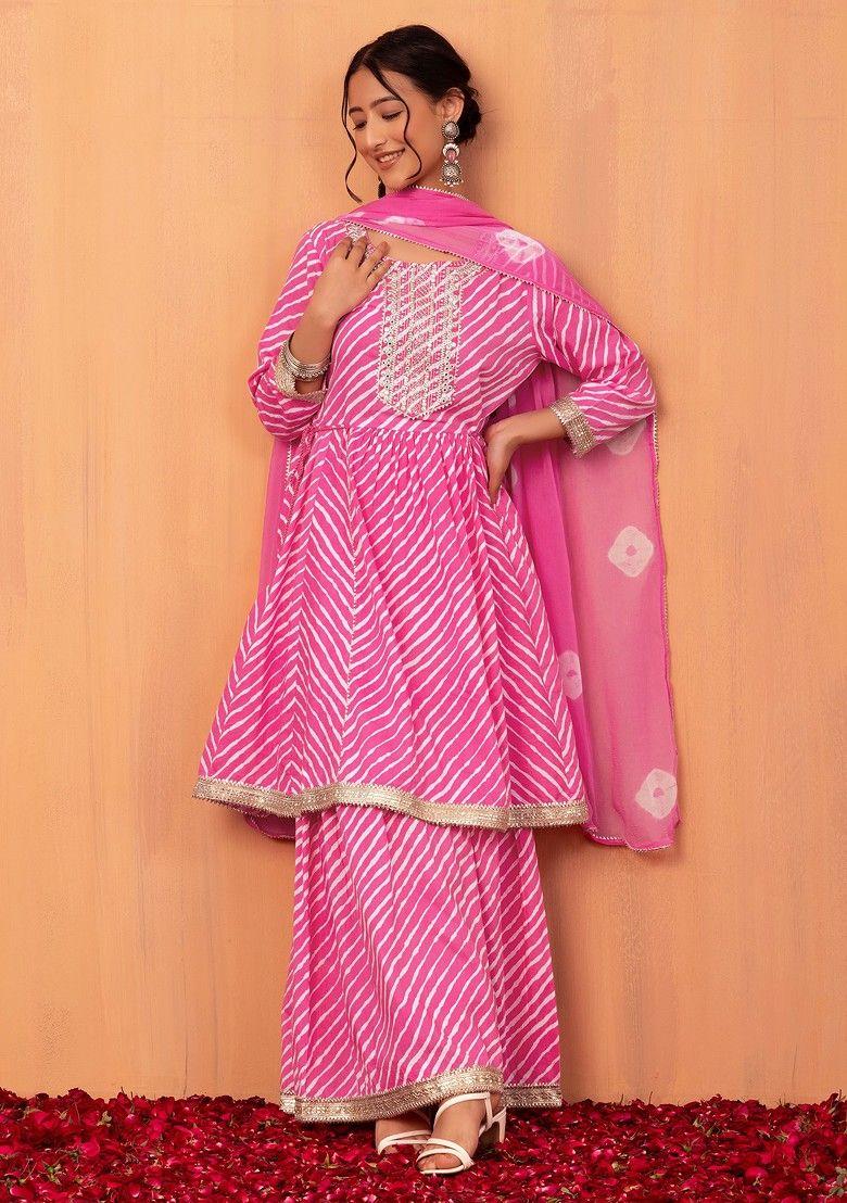 pink leheriya print cotton sharara with kurta and chiffon dupatta (set of 3)