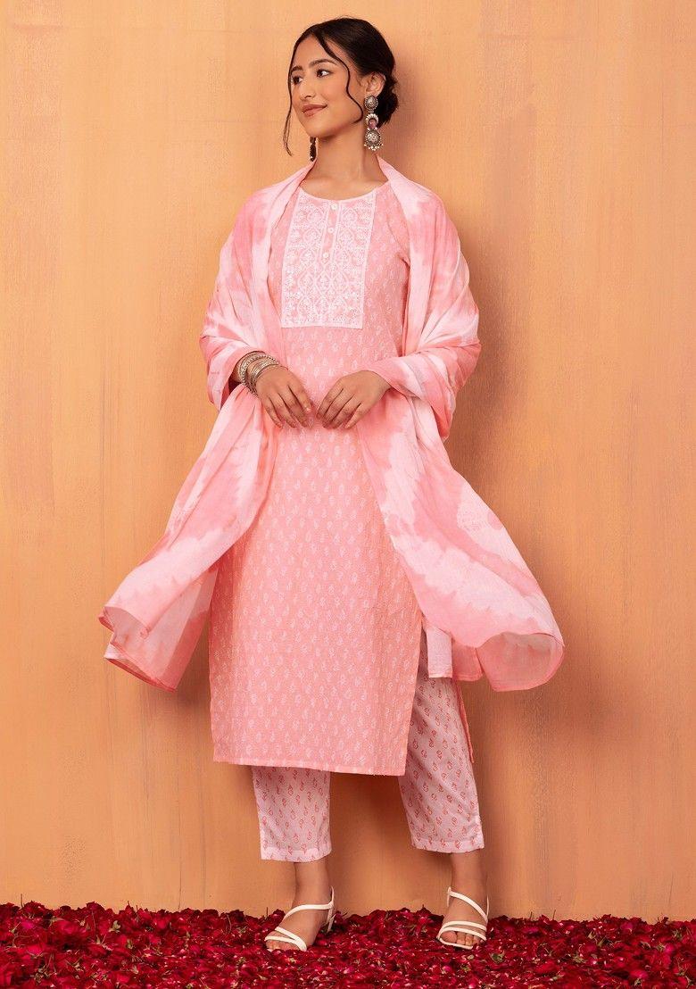 pastel pink batik print cotton kurta with pants and dupatta (set of 3)