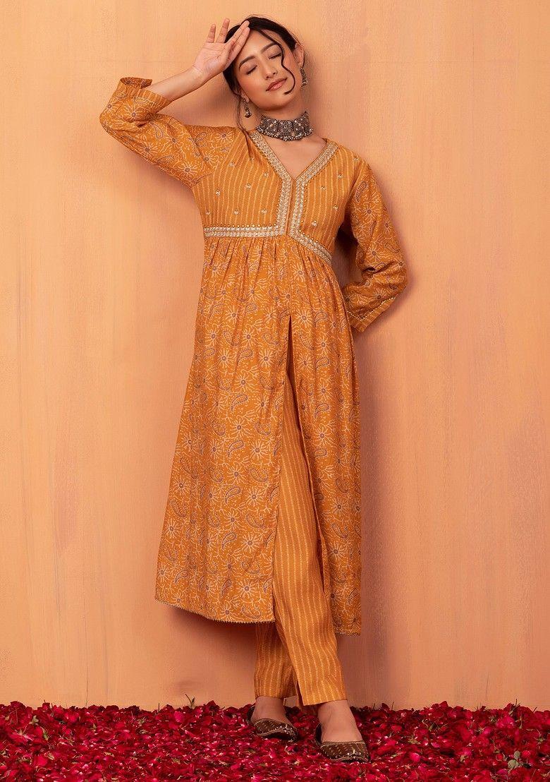 mustard batik print muslin kurta with pants (set of 2)