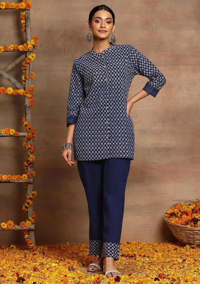 navy blue schiffli cotton kurta with pants (set of 2)