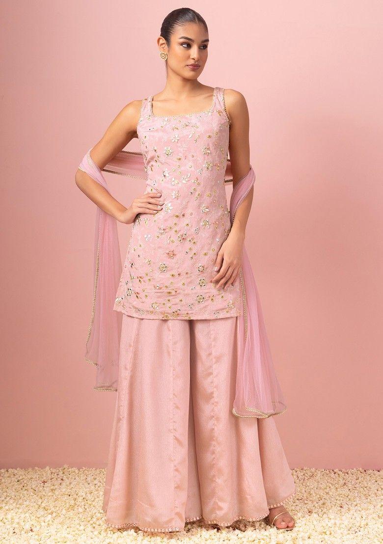 pastel pink sharara and embroidered kurta set with dupatta and belt