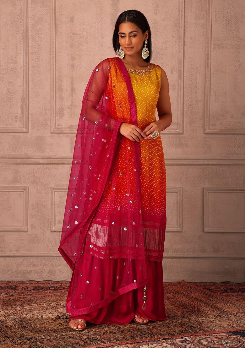 red sharara set with ombre embroidered kurta and dupatta