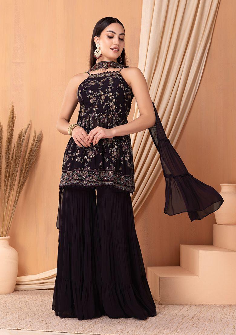 dark purple sharara set with floral embroidered kurta and choker dupatta