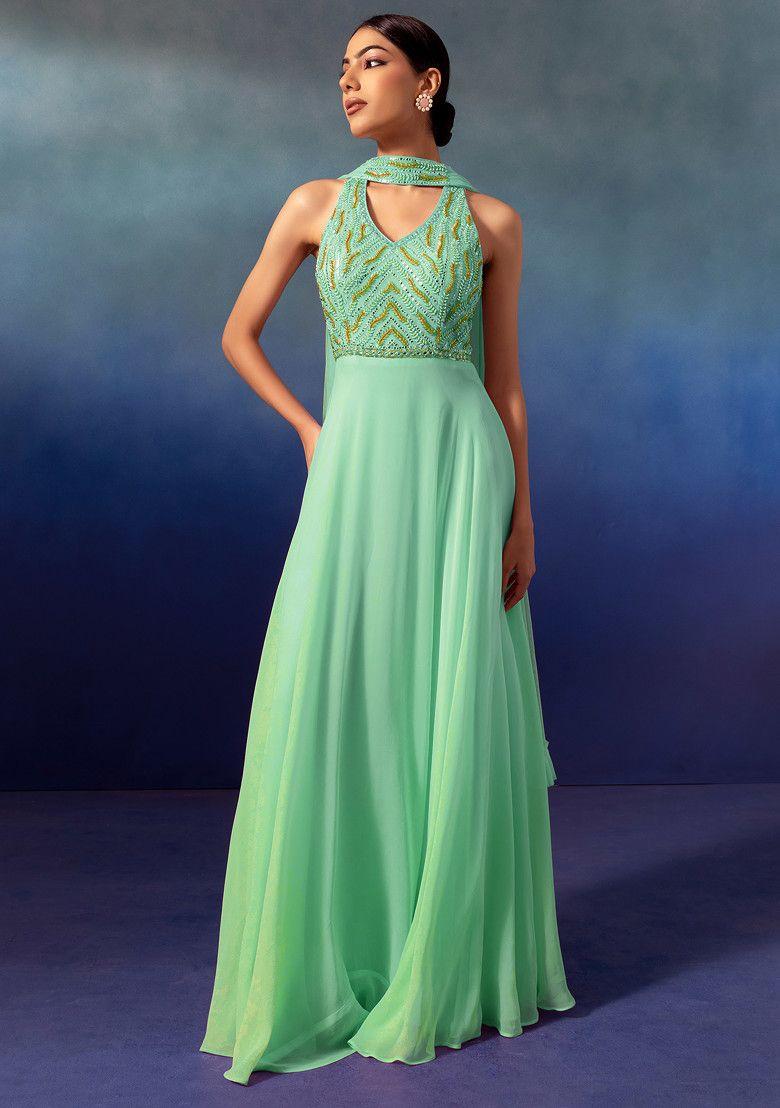 seafoam sequin and bead embellished halter anarkali gown with dupatta