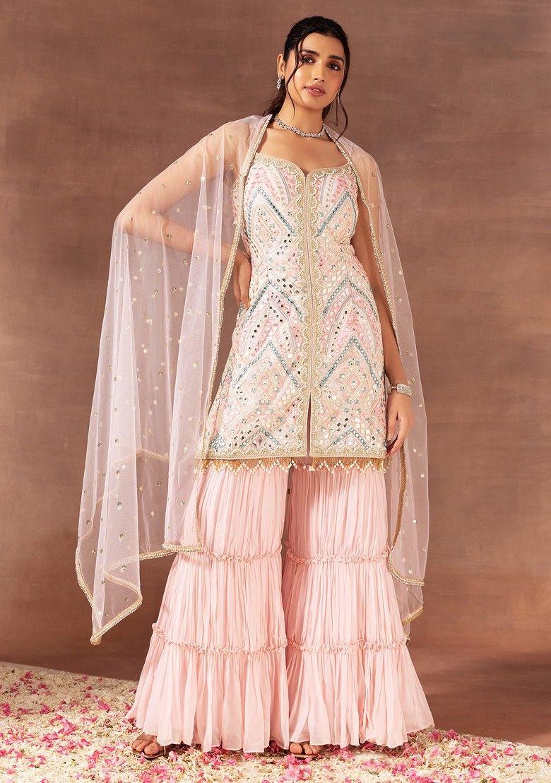 pastel pink sharara set with geometric thread embroidered kurta and dupatta