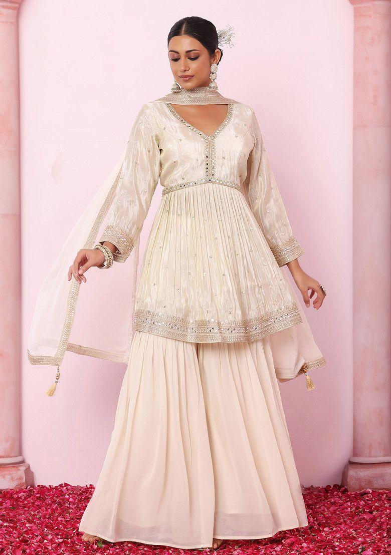 ivory sharara set with zari mirror embroidered kurta and dupatta