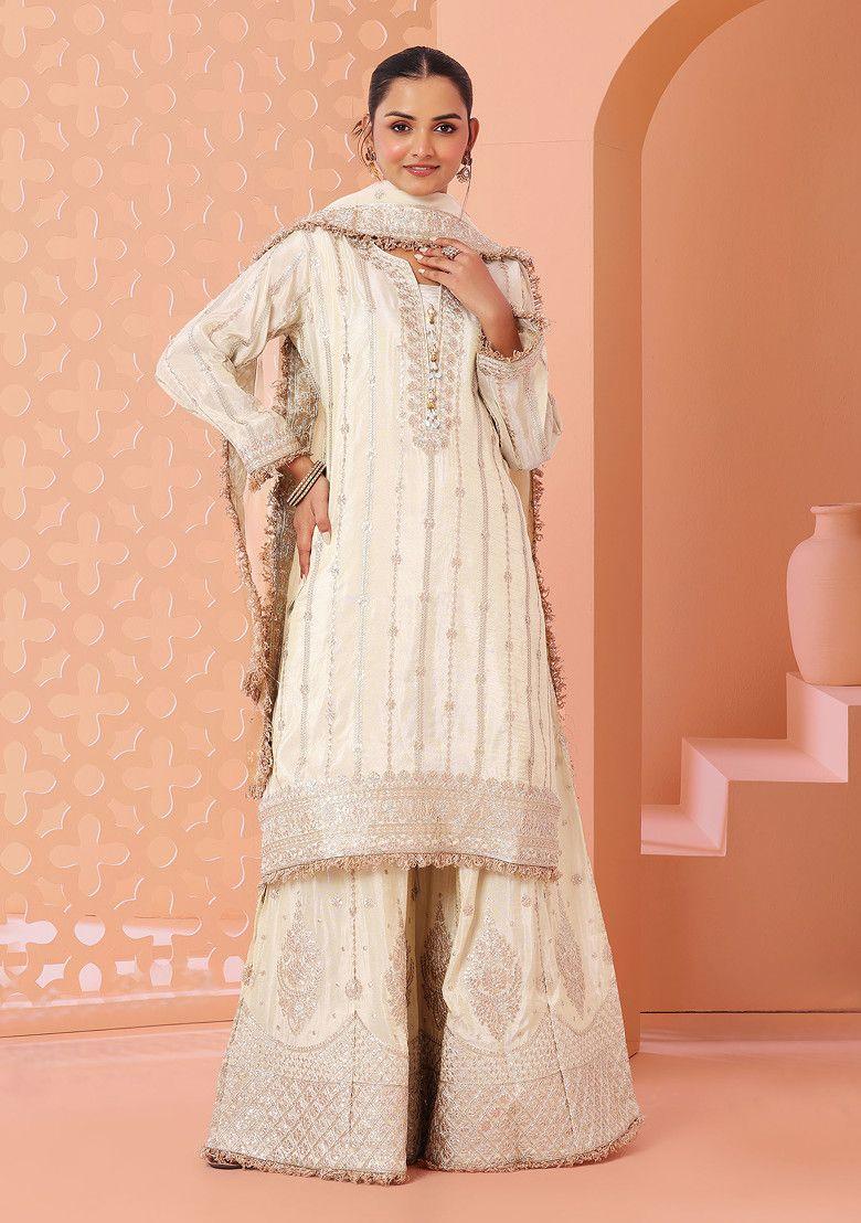 beige embroidered silk kurta set with palazzo and organza dupatta