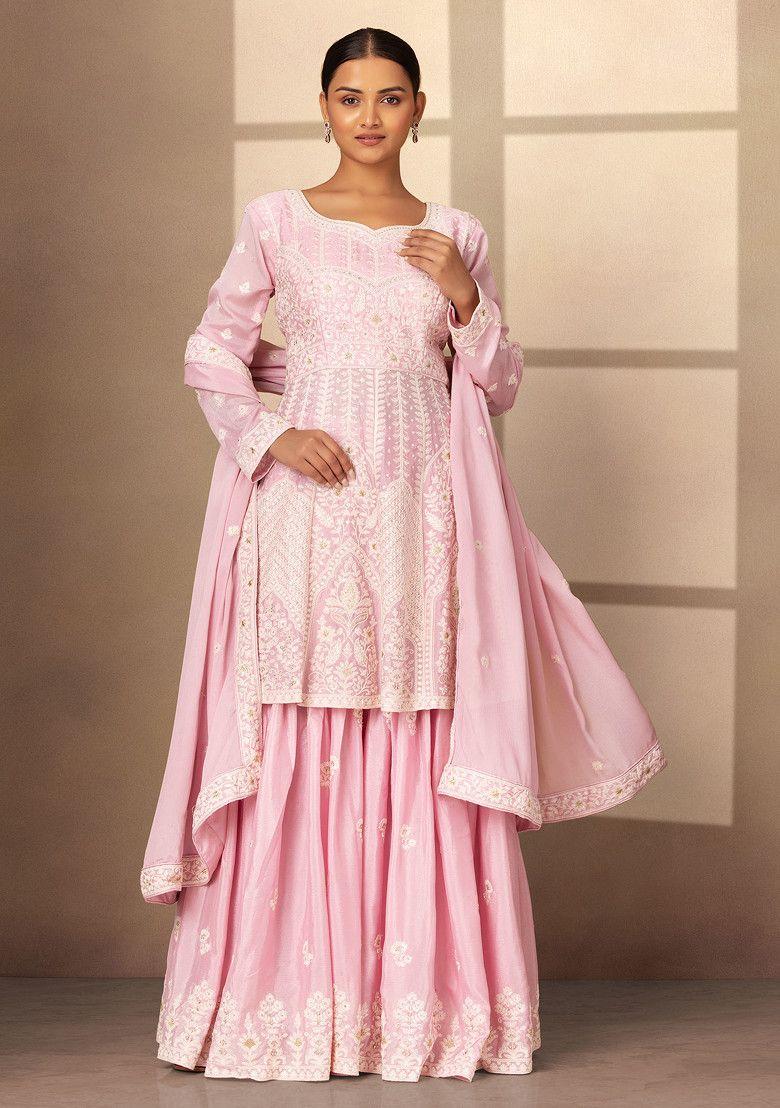 pastel pink floral embroidered sharara set with kurta and embroidered dupatta