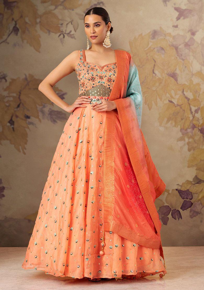 peach floral mirror embellished anarkali gown with brocade dupatta