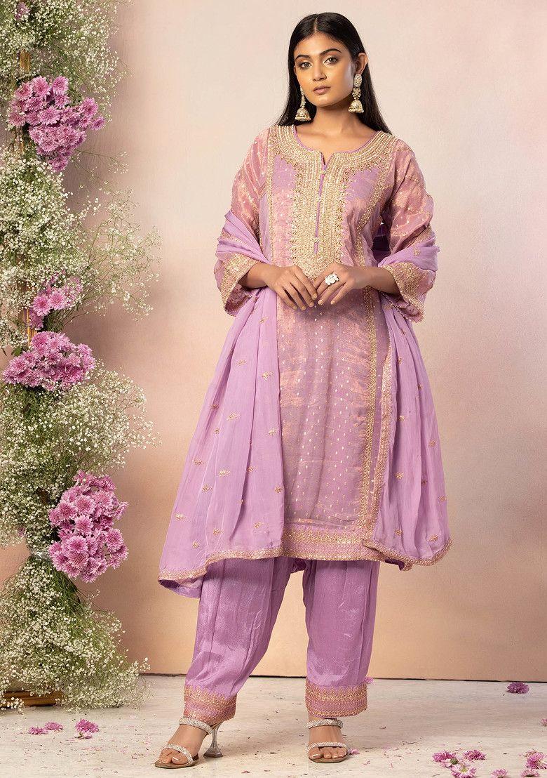 lavender zari embroidered brocade kurta set with salwar and dupatta