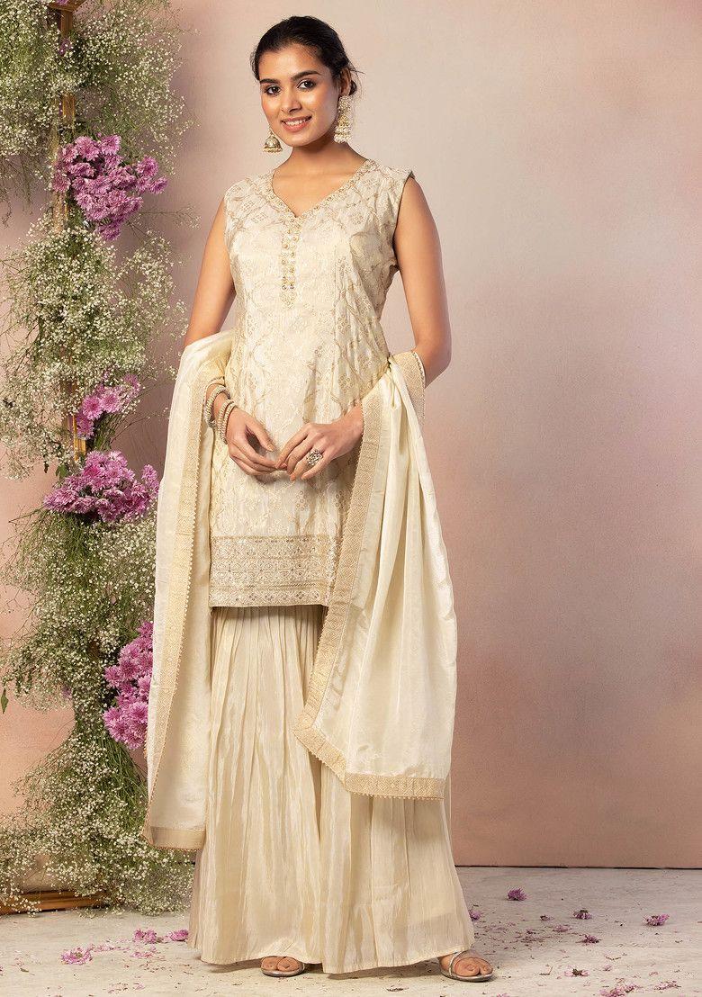 off white shimmer sharara set with embroidered brocade kurta and dupatta