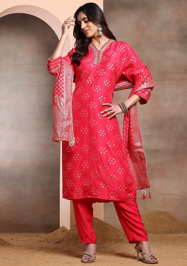 fuchsia pink polka dot brocade kurta set with pants and dupatta