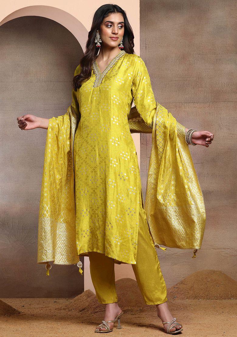 lime green polka dot brocade kurta set with pants and dupatta