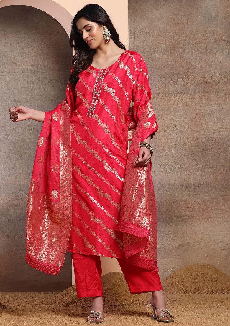 fuchsia pink floral embellished brocade kurta set with pants and dupatta