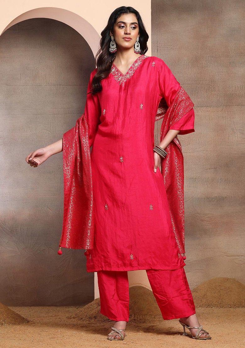 hot pink zari embroidered kurta set with pants and brocade dupatta