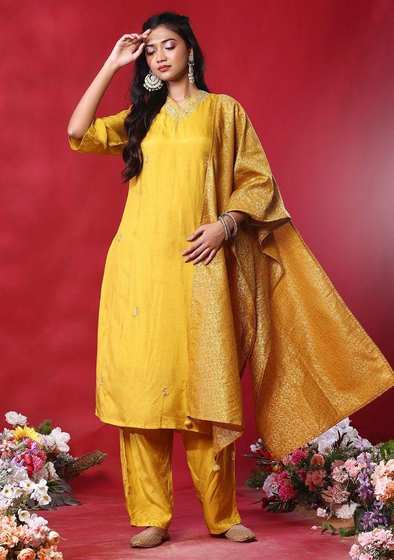 yellow zari embroidered kurta set with pants and brocade dupatta