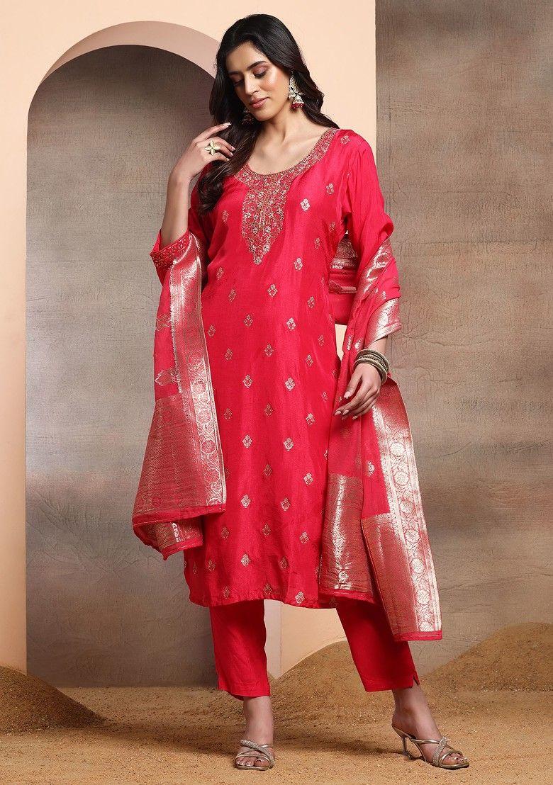 hot pink embroidered brocade kurta set with pants and dupatta