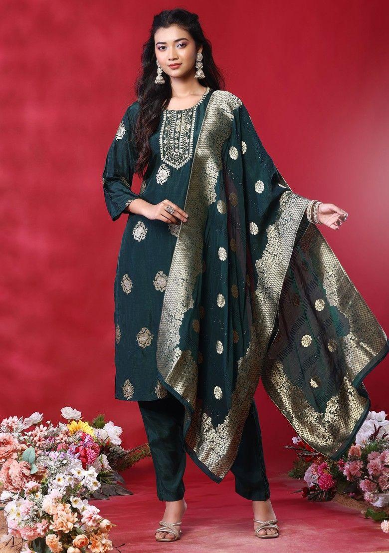 green embroidered brocade kurta set with pants and dupatta