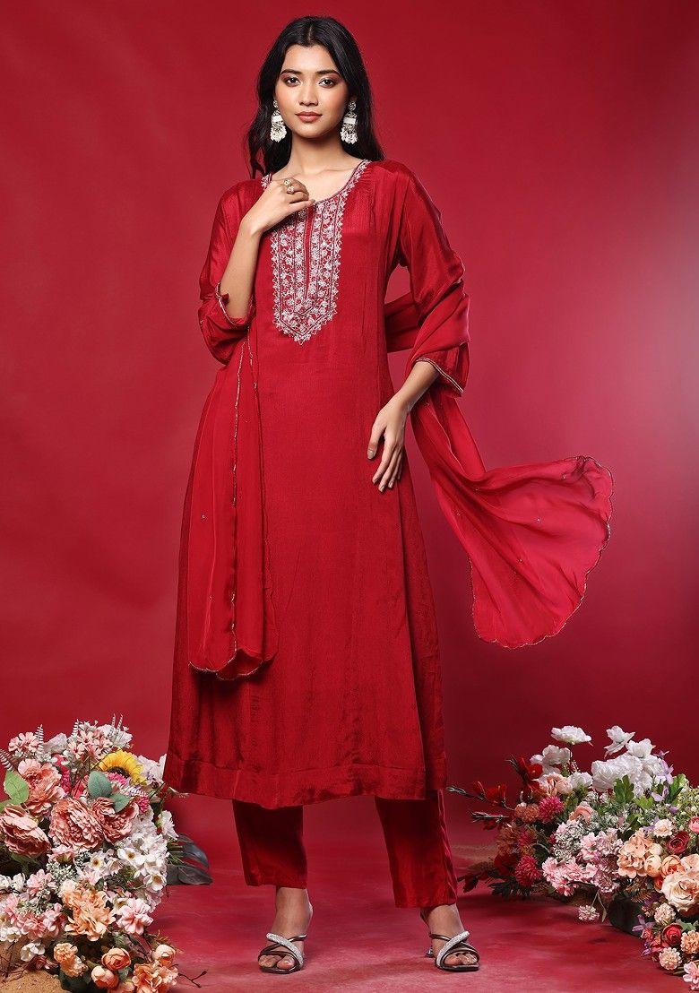 maroon hand embellished kurta set with pants and organza dupatta