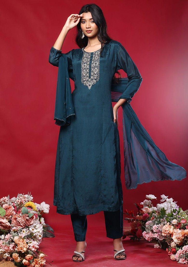 teal blue hand embroidered kurta set with pants and organza dupatta