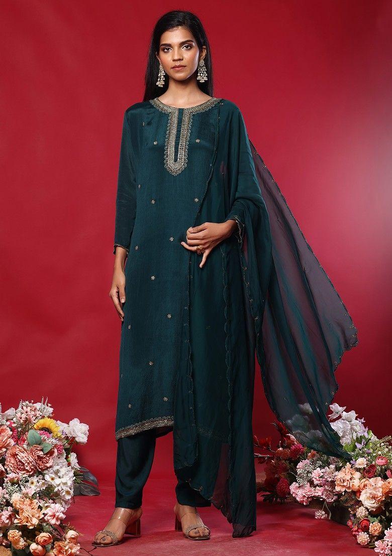 teal floral hand embroidered kurta set with pants and organza dupatta