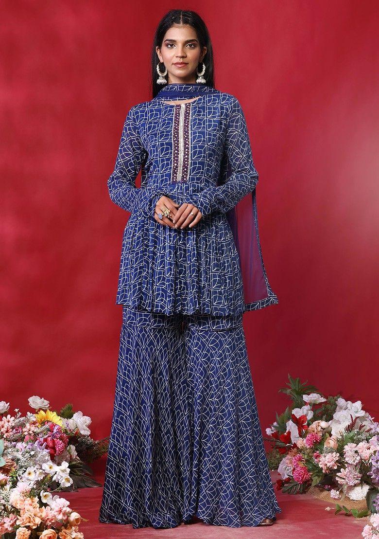 navy blue geometric print sharara set with kurta and dupatta