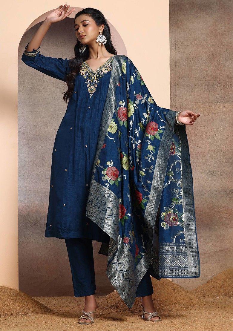 teal floral embellished kurta set with pants and printed brocade dupatta