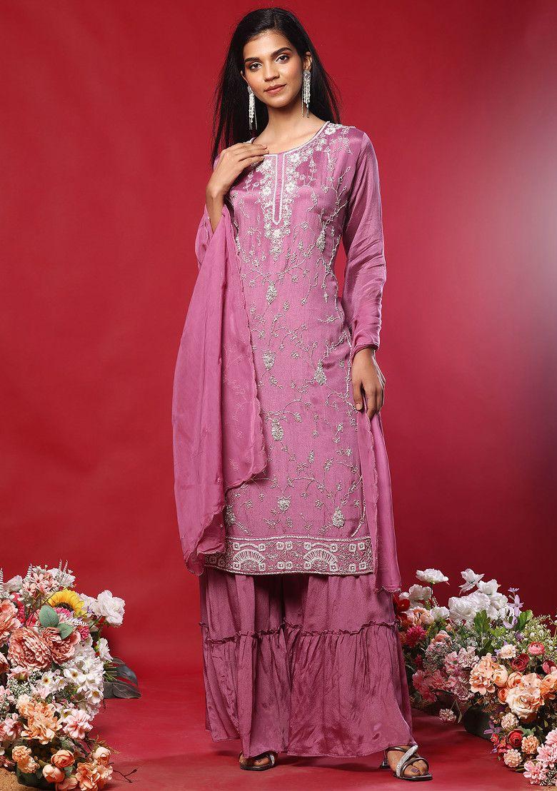 lavender floral hand embroidered kurta set with sharara and dupatta