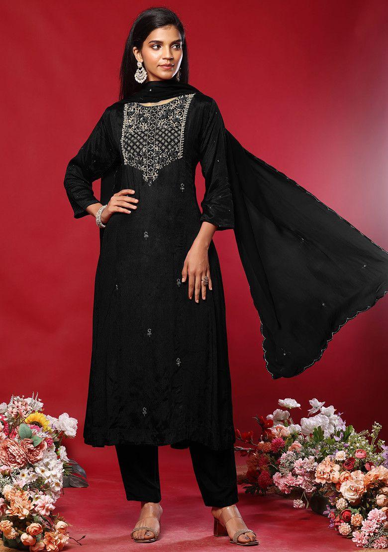 black floral hand work kurta set with pants and organza dupatta