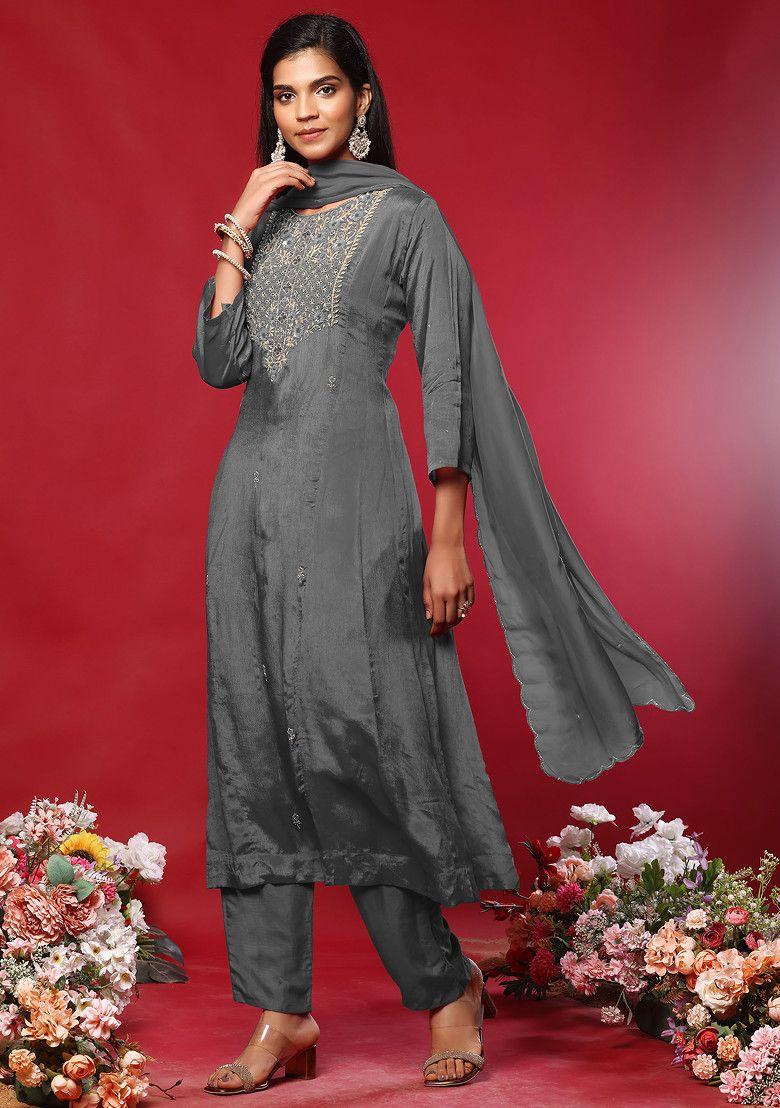 grey floral hand work kurta set with pants and organza dupatta