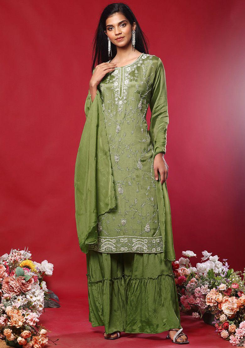 pastel green floral hand embroidered kurta set with sharara and dupatta