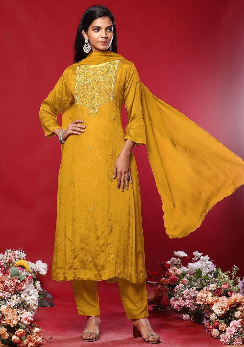 mustard floral hand work kurta set with pants and organza dupatta