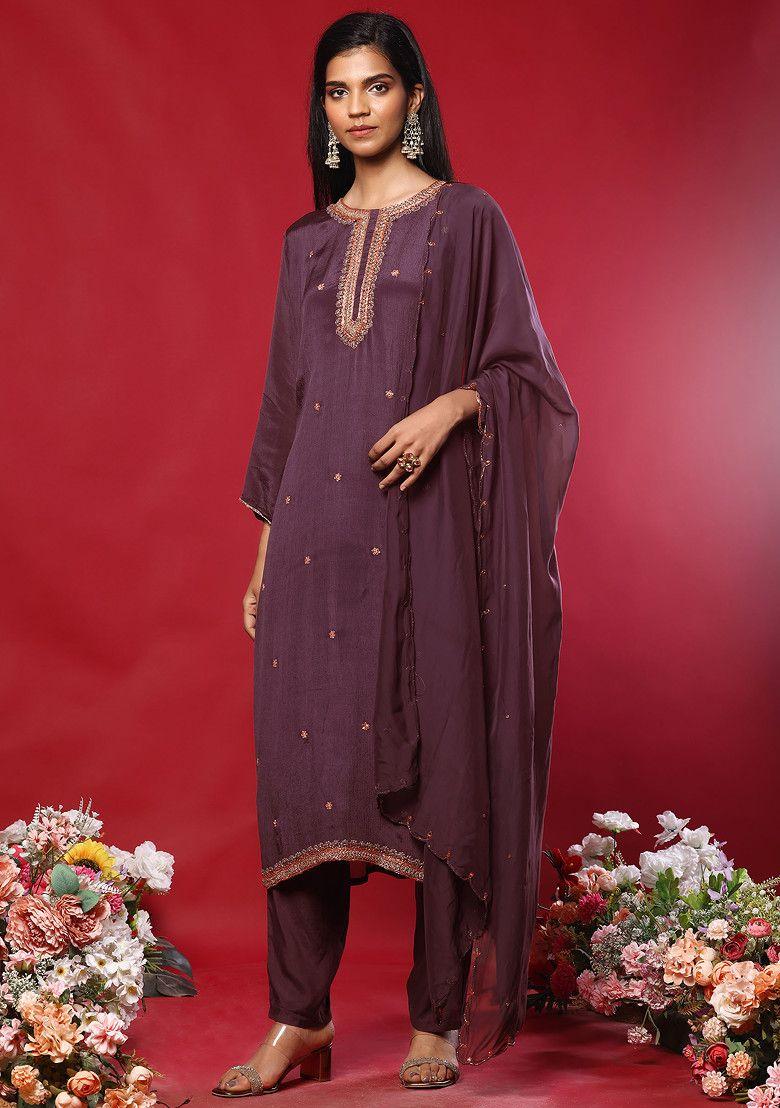 mauve floral hand embroidered kurta set with pants and organza dupatta