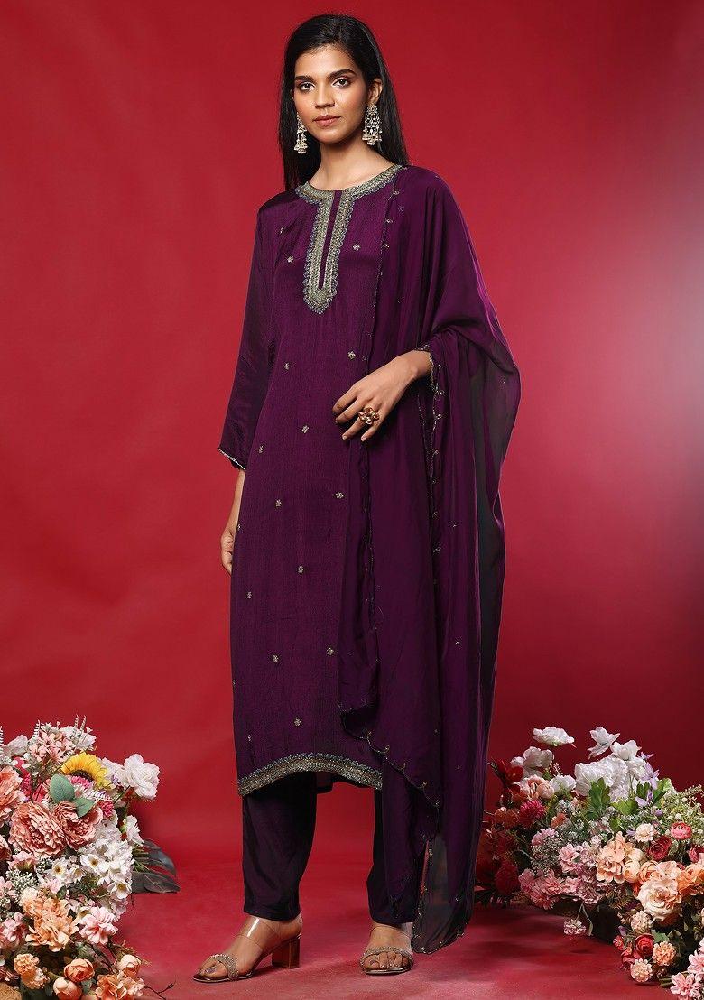 wine floral hand embroidered kurta set with pants and organza dupatta