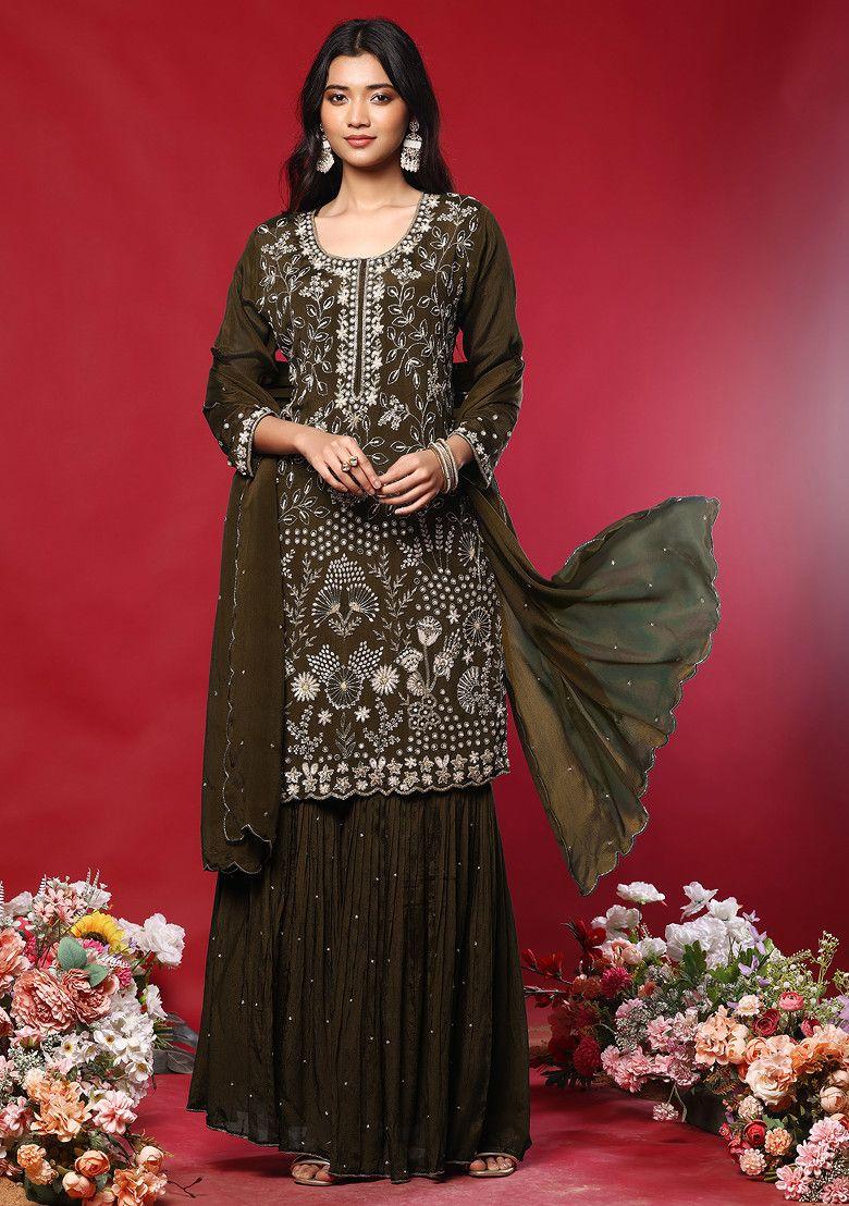 copper sharara set with floral hand embroidered kurta and dupatta