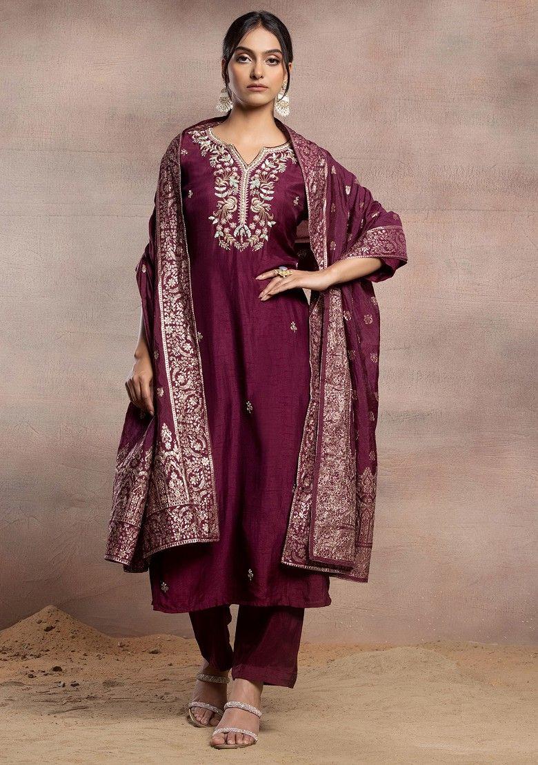 maroon floral sequin embellished kurta set with pants and brocade dupatta