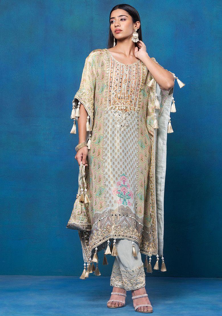 multicolour floral print mirror embellished kaftan kurta set with pants and potli