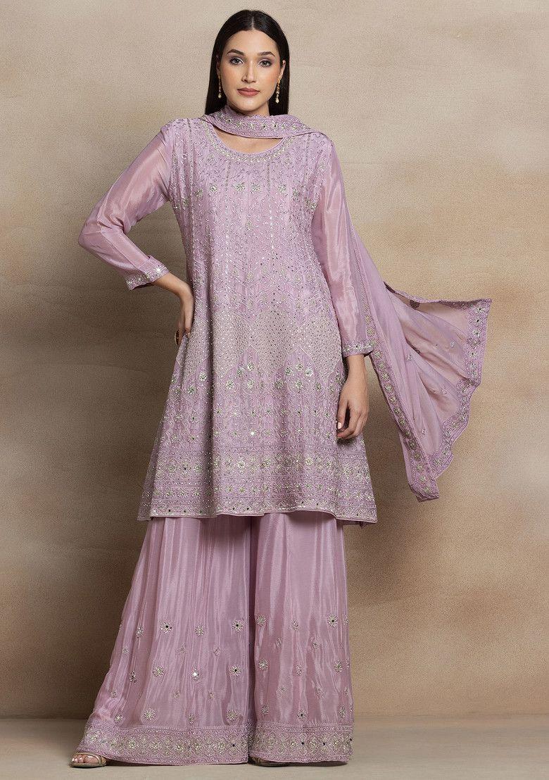 lavender embroidered sharara set with abstract zari thread embroidered kurta and dupatta